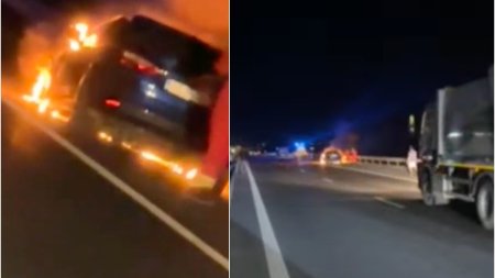 Masina cuprinsa de flacari, pe Autostrada A4. Soferul s-a salvat in ultima clipa