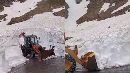 Strat de zapada de peste patru metri pe Transfagarasan. Drumarii lucreaza intr-o zona expusa <span style='background:#EDF514'>AVALANSE</span>lor