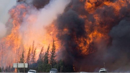 Un incendiu urias de vegetatie ameninta un oras canadian unde se produc <span style='background:#EDF514'>NISIPURI</span> bituminoase. Mii de oameni au fugit din fata flacarilor