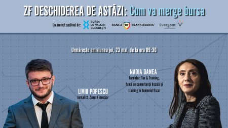 ZF DESCHIDEREA DE ASTAZI. Cum va merge bursa. Urmariti joi, 23 mai 2024, ora 09.30 o discutie cu Nadia Oanea, Fondator Tax & Training, firma de consultanta fiscala si training in <span style='background:#EDF514'>DOMENIUL FISCAL</span>