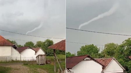 Fenomen meteo inedit pe cerul Romaniei! O mini-tornada i-a surprins pe oameni, la granita dintre judetele Salaj si Satu Mare