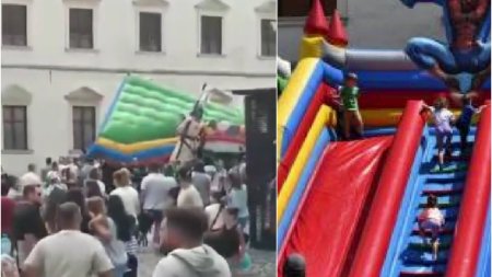 Tobogane gonflabile luate pe sus de rafalele vant, la Festivalul Copiilor din Oradea | Sase copii au fost raniti