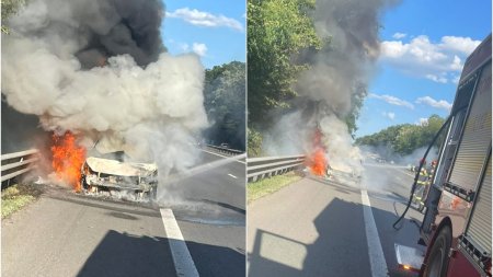 O masina a luat foc pe Autostrada Bucuresti-Pitesti. Pompierii au intervenit de urgenta
