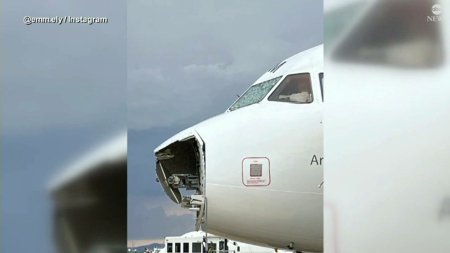 Un avion care decolase din Spania a fost distrus de grindina. O parte din botul aeronavei s-a rupt si parbrizul a fost spart