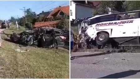 Accident grav in Valcea. Un autocar care transporta elevi si profesori s-a ciocnit cu o masina. Soferul autoturismului este resuscitat