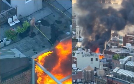 Incendiu urias la un imobil de cinci etaje din <span style='background:#EDF514'>MANHATTAN</span>. Un vecin a incercat sa stinga flacarile cu furtunul de gradina