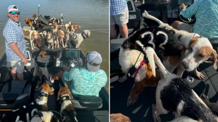 Au mers la pescuit si s-au intors cu 38 de caini pierduti. Patania unor prieteni iesiti cu barca pe lac