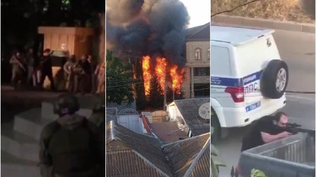 Atac terorist in Rusia. Persoane inarmate au deschis focul in doua orase din Daghestan, au incendiat o biserica si o sinagoga si au ucis cel putin 15 politisti si un <span style='background:#EDF514'>PREOT ORTODOX</span>