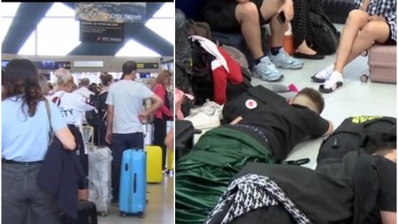 Imaginile umilintei in Aeroportul Otopeni. Zeci de pasageri dorm pe jos si pe <span style='background:#EDF514'>BAGAJE</span>, dupa ce 32 de curse Tarom au fost anulate