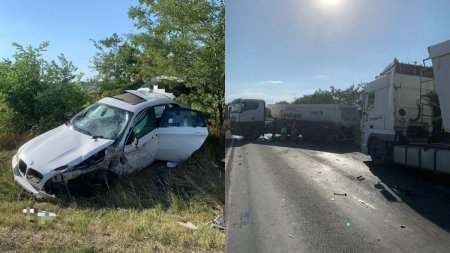 Accident teribil pe DN 1B, in Prahova. Un autoturism a fost lovit de doua TIR-uri. Traficul in zona este restrictionat