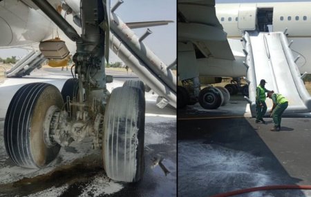 Roata unui <span style='background:#EDF514'>AIRBUS</span> A-330 a luat foc la aterizare, in Pakistan. Pasagerii si membrii echipajului, evacuati pe toboganul gonflabil | VIDEO