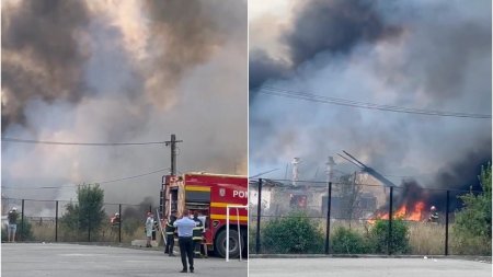 Un incendiu de proportii a izbucnit la un depozit de materiale plastice din <span style='background:#EDF514'>TARGU</span> Jiu. Focul se extinde rapid