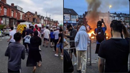 Haos si violente pe <span style='background:#EDF514'>STRAZILE</span> din Leeds. Romanii s-au batut cu politistii, au rasturnat si incendiat masini. De la ce a pornit totul