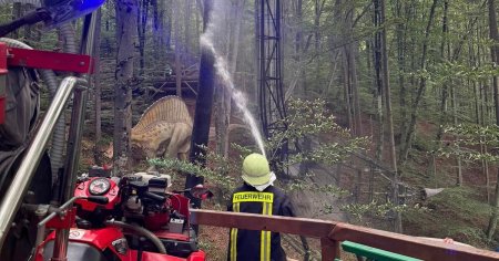 Pericol intr-un parc tematic pentru copii: un dinozaur de 10 metri s-a facut scrum in doar cateva secunde FOTO VIDEO