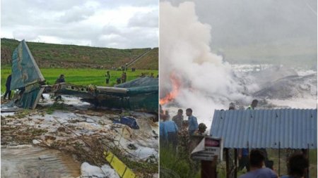Un avion a luat foc si s-a p<span style='background:#EDF514'>RABU</span>sit in Nepal. Cel putin 18 morti