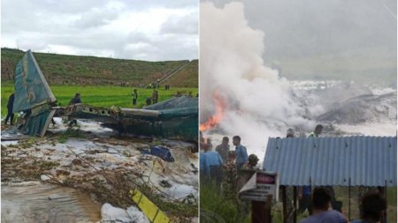 Un <span style='background:#EDF514'>AVION</span> a luat foc si s-a prabusit in Nepal. Cel putin 18 morti