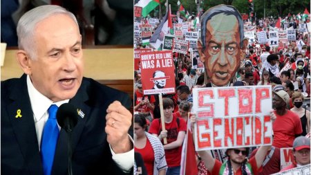 Netanyahu i-a numit idiotii utili ai Iranului pe protestatarii care au <span style='background:#EDF514'>MANIFEST</span>at in fata Capitoliului in timpul discursului sau