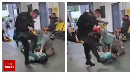 Un barbat a fost calcat pe cap si <span style='background:#EDF514'>BATUT</span> crunt de un politist pe un aeroport. Omul se afla intins la pamant | VIDEO