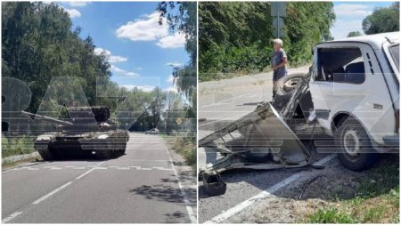 Un tanc al armatei ruse a strivit o masina intr-un sat din Belgorod, langa granita cu Ucraina. Soferul a murit pe loc: Erau <span style='background:#EDF514'>NEBUN</span>i, toti radeau