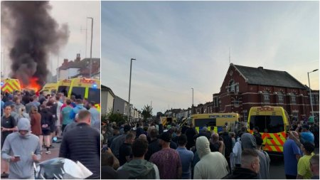 Violente in strada dupa uciderea fetitelor din Southport. Multimea a incendiat duba politiei si a aruncat caramizi intr-o moschee