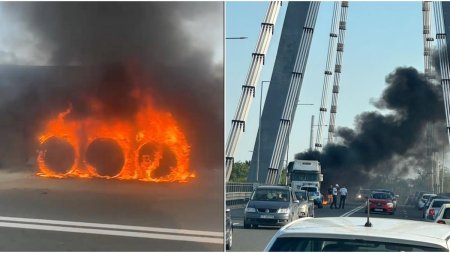 Un camion a fost cuprins de flacari uriase in timp ce traversa Podul Agigea