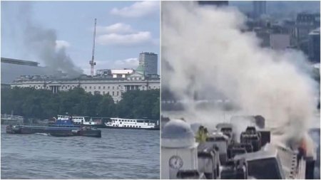 O cladire istorica din centrul Londrei a luat foc. Zeci de pompieri incearca sa stinga flacarile