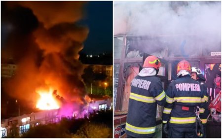 Incendiu violent la mai multe spatii comerciale din Craiova. VIDEO