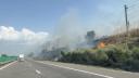 Incendiu de vegetatie langa <span style='background:#EDF514'>AUTOSTRADA A2</span>, la Podul Cernavoda: Soferii au filmat focul. Circulatia trenurilor a fost oprita