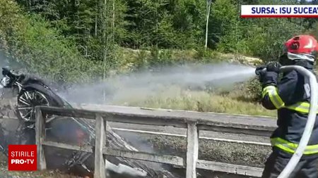 Accident spectaculos in judetul Suceava. Un bolid de lux s-a rasturnat si a luat foc dupa impactul cu o alta masina