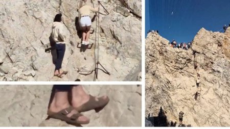 Nimic nu te mai surprinde. Turisti filmati in slapi si pantaloni scurti, pe Zugspitze, cel mai inalt varf din Germania | VIDEO