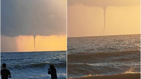 FOTO Fenomen meteo rar la Marea Neagra: O tromba cu aspect de <span style='background:#EDF514'>TORNADA</span> a fost fotografiata in Vama Veche