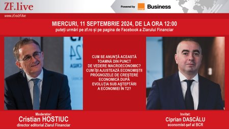 ZFLive: Cum se anunta aceasta toamna din punct de vedere macroeconomic? Cum isi ajusteaza economistii prognozele de crestere economica dupa evolutia sub asteptari a economiei in T2? Urmariti ZF Live miercuri, 11 septembrie, ora 12.00 cu Ciprian <span style='background:#EDF514'>DASCALU</span>, economist-sef al BCR