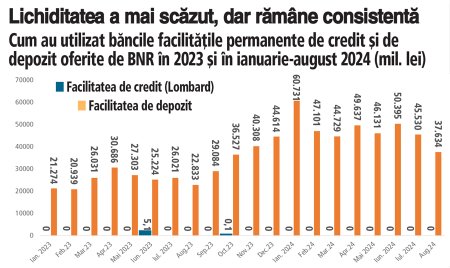 Pe piata interbancara exista in continuare lichiditate multa. Excedentul mediu de lichiditate interbancara a fost in august de aproape 38 mld. lei, medie zilnica, dar tendinta a fost de scadere, iar ROBOR la 3 luni a coborat sub 5,6%, in timp ce creditarea ramane modesta