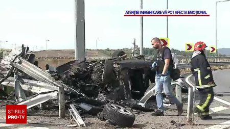 Sfarsit tragic pentru un sofer de 35 de ani, pe autostrada A3. Vehiculul s-a rasturnat, iar omul a ramas blocat in interior