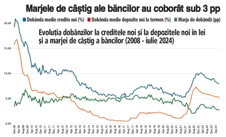 Scad dobanzile la credite si la depozite, scad si marjele de castig ale bancilor. Dobanda medie la depozitele noi in lei a scazut spre 5%, de la 6% in urma cu un an, iar la creditele noi in lei dobanda a coborat tot cu un procent, sub 8%. Marjele de castig ale bancilor sunt mai mici de 3 pp