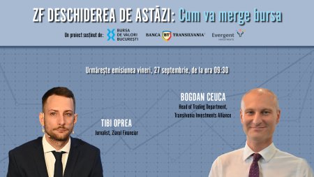 ZF DESCHIDEREA DE ASTAZI. Cum va merge bursa. Urmariti o discutie vineri, 27 septembrie 2024, ora 09.30 cu Bogdan Ceuca, Head of Trading Department, <span style='background:#EDF514'>TRANSILVANIA INVESTMENTS</span> Alliance