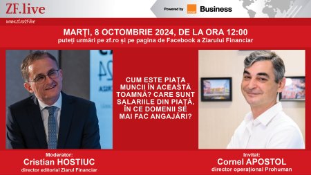 Cum este piata muncii in aceasta toamna? Care sunt salariile din piata, in ce domenii se mai fac angajari? Urmariti ZF Live marti, 8 octombrie 2024, de la ora 12.00 cu Cornel APOSTOL, director operational Prohuman