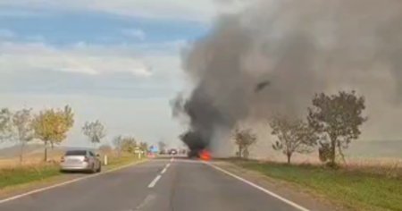 Imagini de groaza pe un drum din Vaslui. Un camion plin cu lemne a luat foc si a ars ca o torta