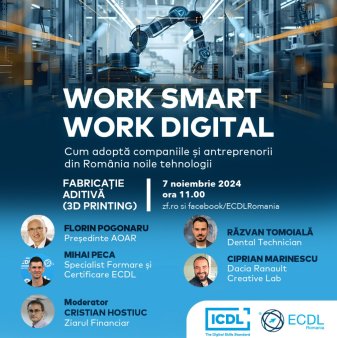 Urmeaza joi, 7 noiembrie, ora. 11.00, pe zf.ro si pagina de Facebook a ZF webinarul ECDL/ZF Work Smart - Work Digital. Cum adopta companiile si antreprenorii din Romania noile tehnologii si isi dezvolta competentele digitale pentru viitor