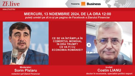 ZFLive: Ce se va intampla in <span style='background:#EDF514'>COMERTUL MONDIAL</span> in era Trump? Ce va fi cu economia Romaniei? Urmariti o discutie miercuri, 13 noiembrie, ora 12.00 cu Costin LIANU, doctor in economie, specialist in politici de export