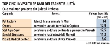 26 de proiecte, de 135 mil. euro, sunt aprobate in Prahova pe Tranzitie Justa: o fabrica de hrana pentru animale, hoteluri si vile turistice, clinici medicale si hale industriale