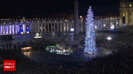 S-au aprins luminitele <span style='background:#EDF514'>BRADUL</span>ui de Craciun de la Vatican. Mai multi ecologisti s-au revoltat