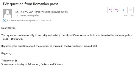 Ce raspunde Ministerul Culturii din Olanda la intrebarea: cate jafuri din muzeele olandeze au loc anual? Intrebati la Politie, nu la noi