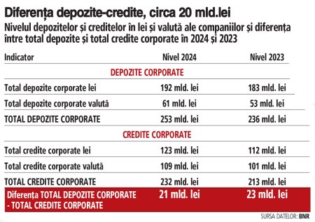 Cum a mers creditarea companiilor in anul 2024? Soldul creditelor corporate in lei si valuta a depasit 230 mld. lei in anul 2024, insa a ramas cu 20 mld. lei sub volumul depozitelor bancare ale firmelor. Companiile au fost si in 2024 creditor net fata de banci. Dobanzile mari sunt piedica in calea creditarii