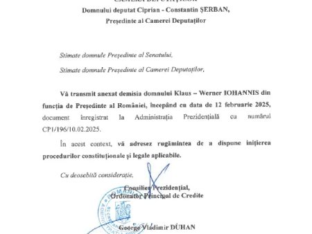 Demisia presedintelui a ajuns la Parlament. Cum arata <span style='background:#EDF514'>SCRISOARE</span>a de 3 randuri prin care Klaus Iohannis paraseste functia de sef de stat dupa 10 ani si aproape doua luni de la prima investire. DOCUMENT