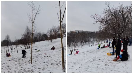 Sute de copii din Bucuresti s-au strans pe Cocioc, la sanius: Cel mai distractiv loc, atunci cand ninge I VIDEO 