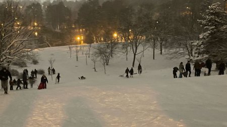 Sarituri cu schiurile si cu placa in Parcul Tineretului din Bucuresti dupa ninsoarea abundenta din ultimele zile