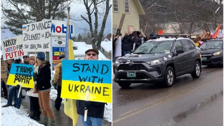 JD Vance si familia sa, intampinati de protestatari pro-ucraineni in Vermont, unde venisera in vacanta. 