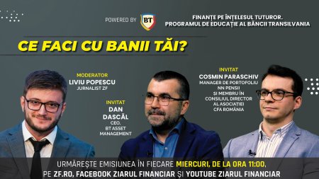 CE FACI CU BANII TAI? Am o suma de bani si vreau sa o investesc. Cum aleg fondul de investitii sau fondul de pensii potrivit? Care sunt diferentele intre cele doua? Urmariti o discutie miercuri, 12 martie, de la ora 11:00 cu Dan Dascal, CEO, BT Asset Management si Cosmin Paraschiv, manager de portofoliu NN Pensii si membru in Consiliul Director al Asociatiei CFA Romania