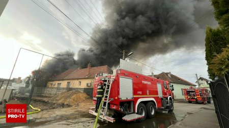 Incendiu de proportii la un depozit din municipiul Sibiu. Mesaj RO-Alert din cauza fumului dens. VIDEO